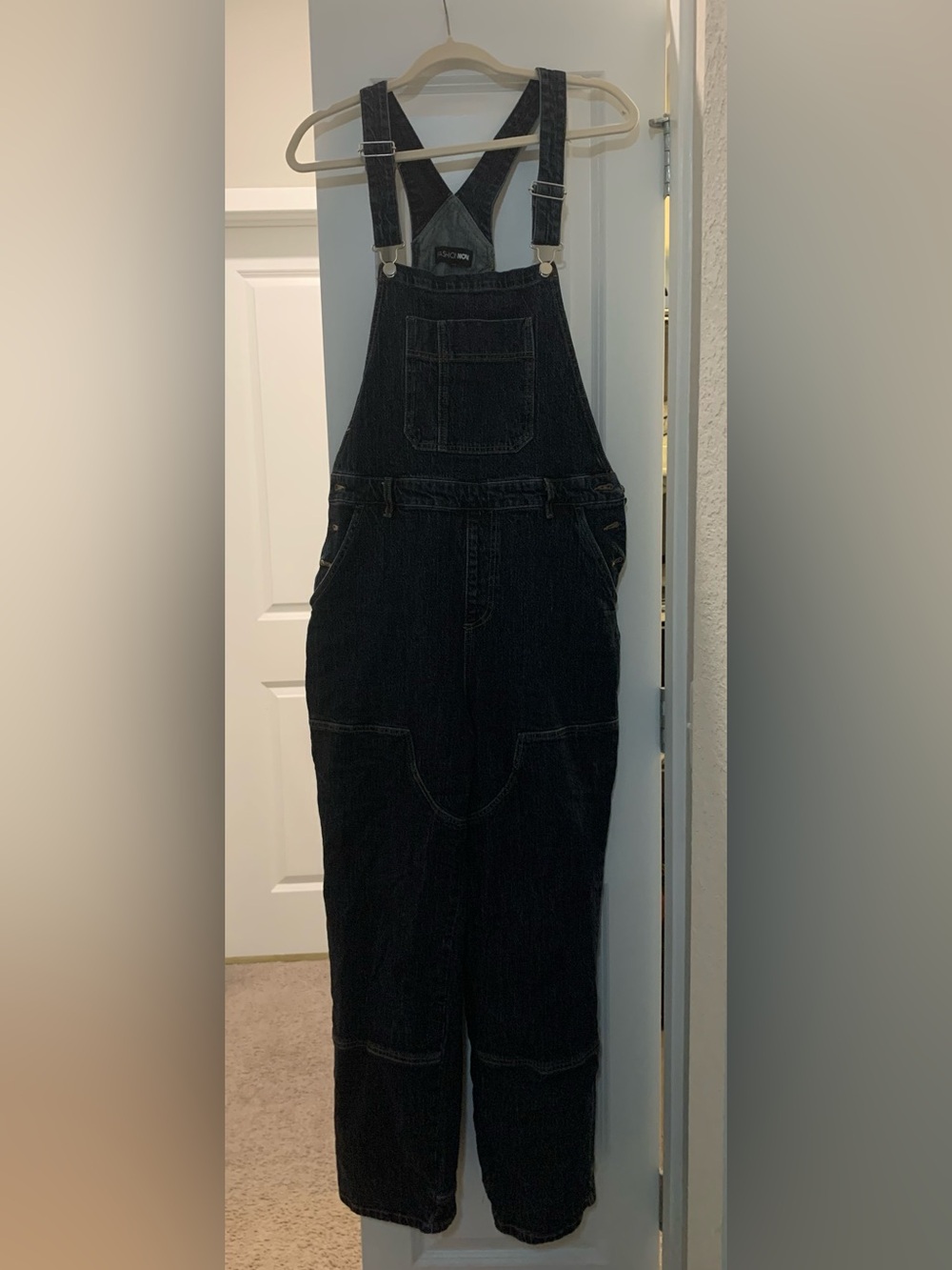 Fashion Nova Black Relaxed Denim Overalls with Cross-Back Straps
